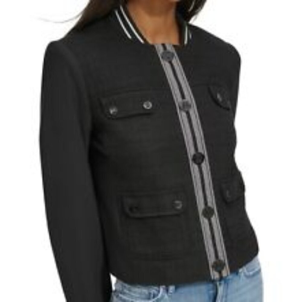 Karl Lagerfeld Paris Jacket Women's Grogain Stripe Detail Tweed Bomber Size M